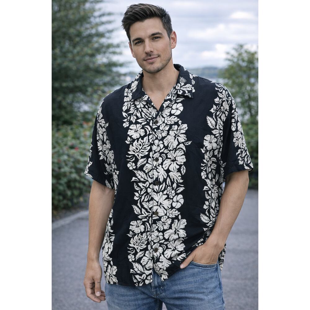 Pineapple Connections Hawaiian Shirt Mens XL Black White Floral Rayon Aloha